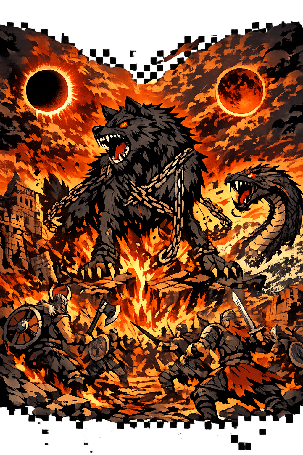 Ragnarǫk — The world burning at the end of all things, with fire rising from a shattered horizon